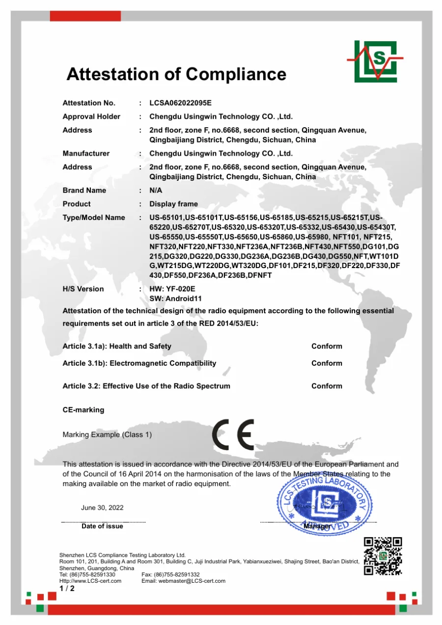 Usingwin CE RED attestation issued for listed display-frame models in June 2022