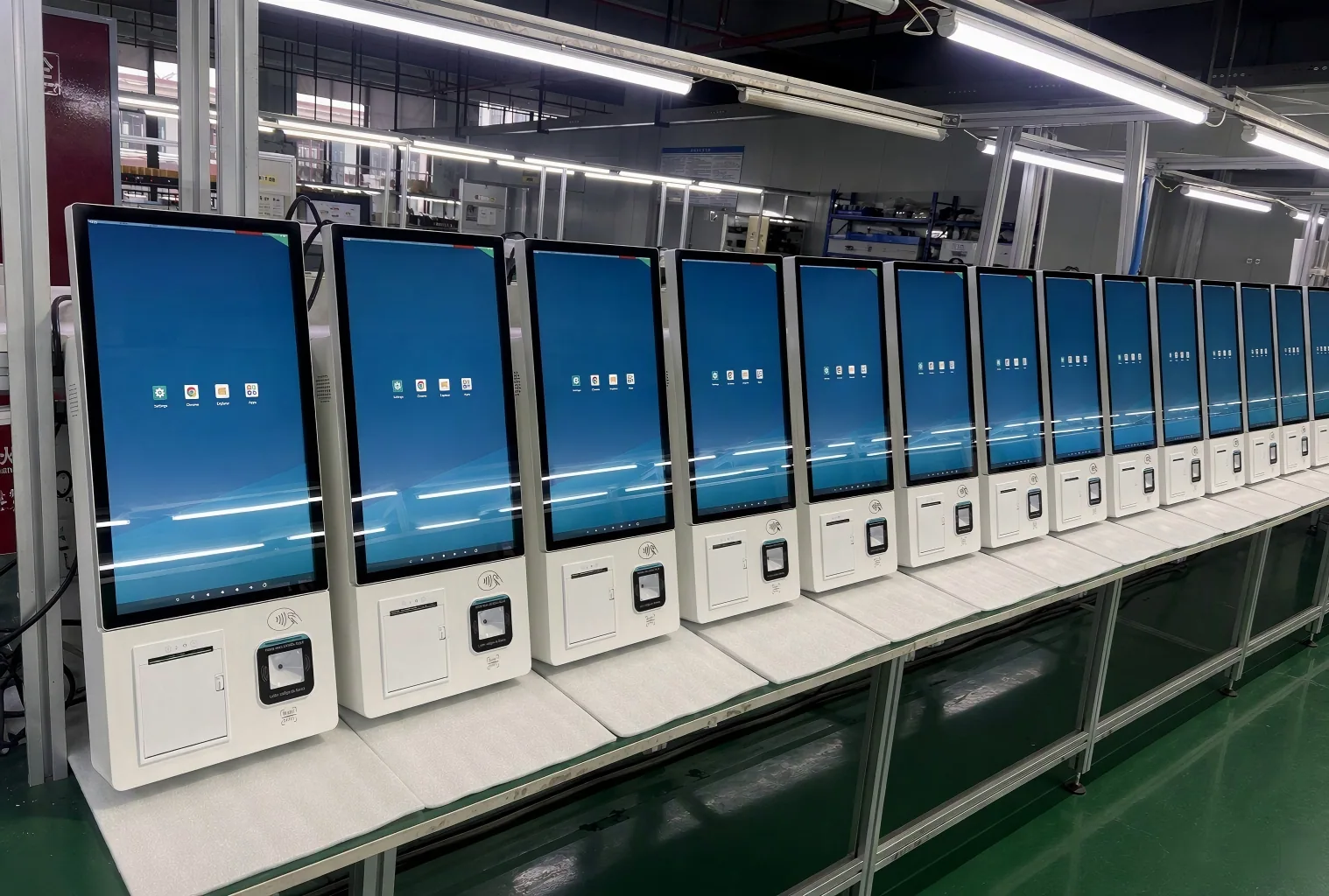 A batch of touchscreen terminals with integrated readers and printers being tested