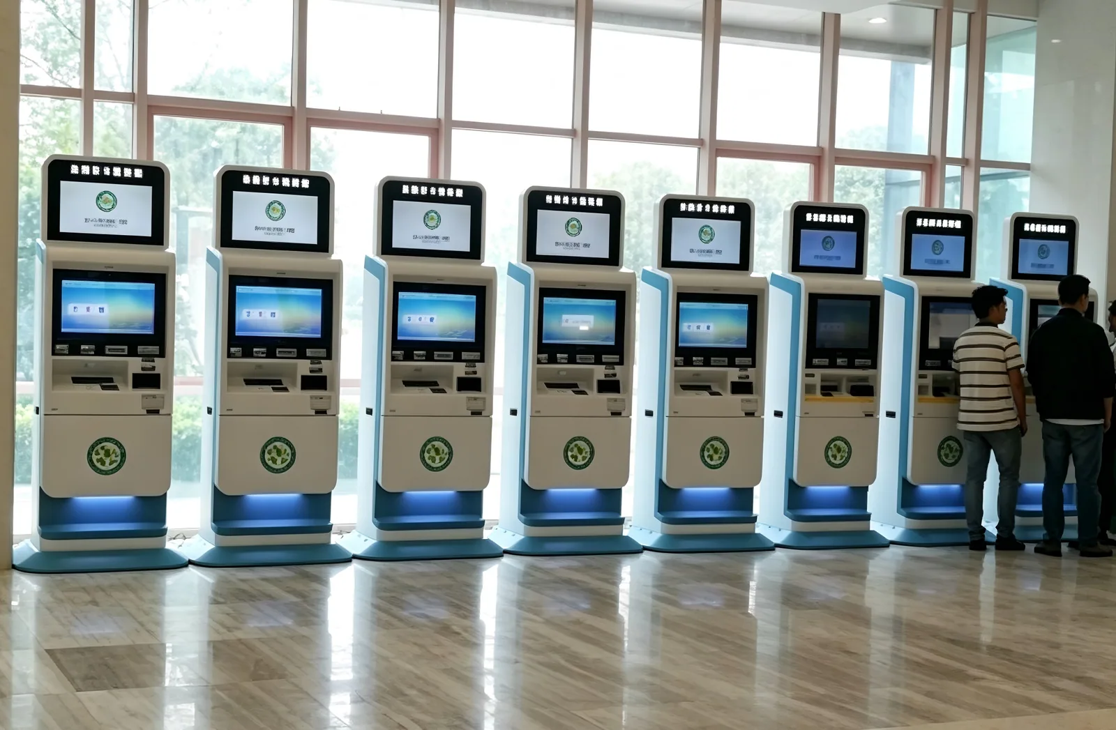 Medical self-service kiosks installed side by side in a hospital lobby