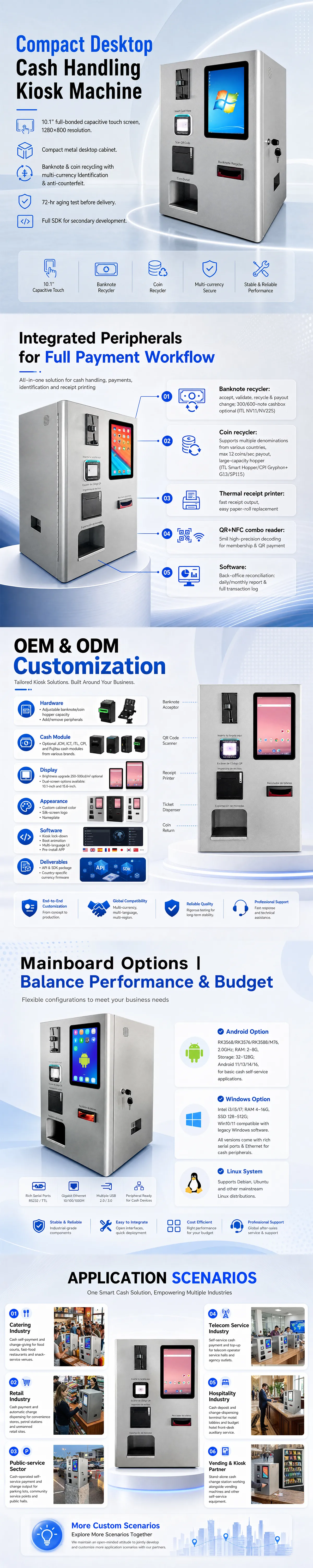 US-K101CB-2 compact desktop cash-handling kiosk features, peripherals and application details