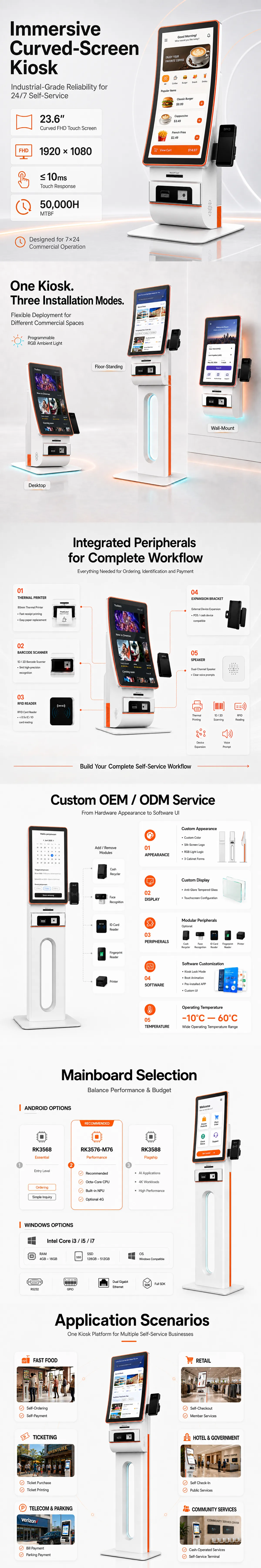 US-K236FS-2 curved-screen kiosk installation modes, features and application details