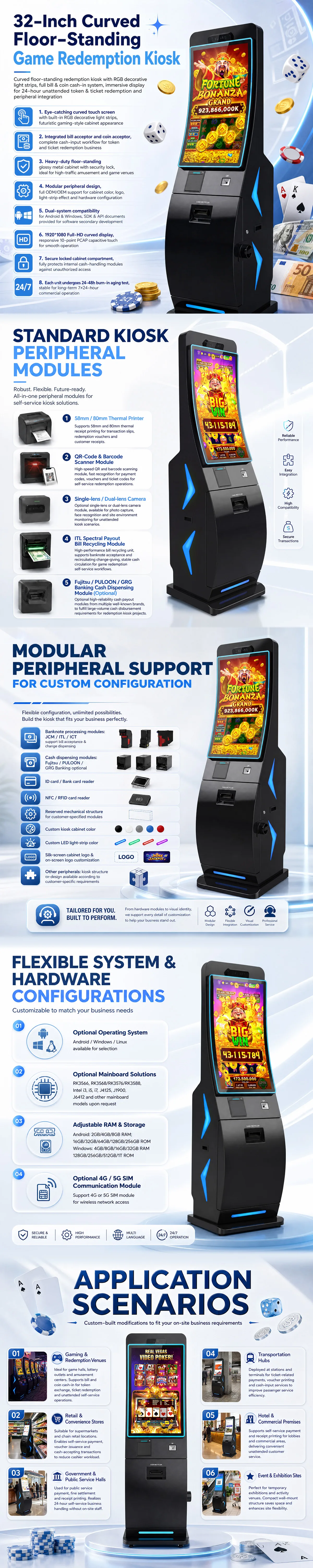 US-K320FS-3 características, módulos periféricos y detalles de aplicación del quiosco curvo de pie para canje de juegos de 32 pulgadas