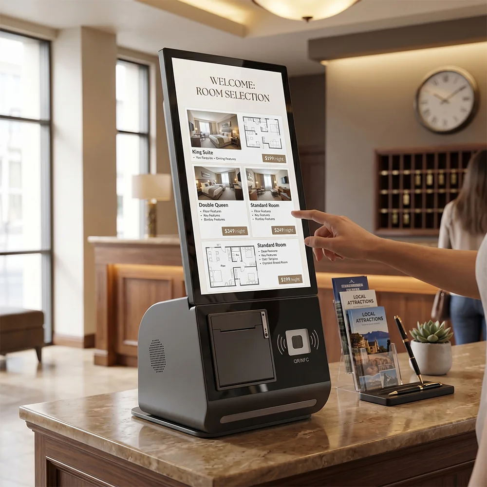 Usingwin compact desktop self-service kiosk at a hotel reception counter