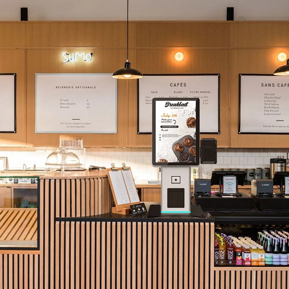 Usingwin floor-standing self-ordering kiosk in a modern restaurant
