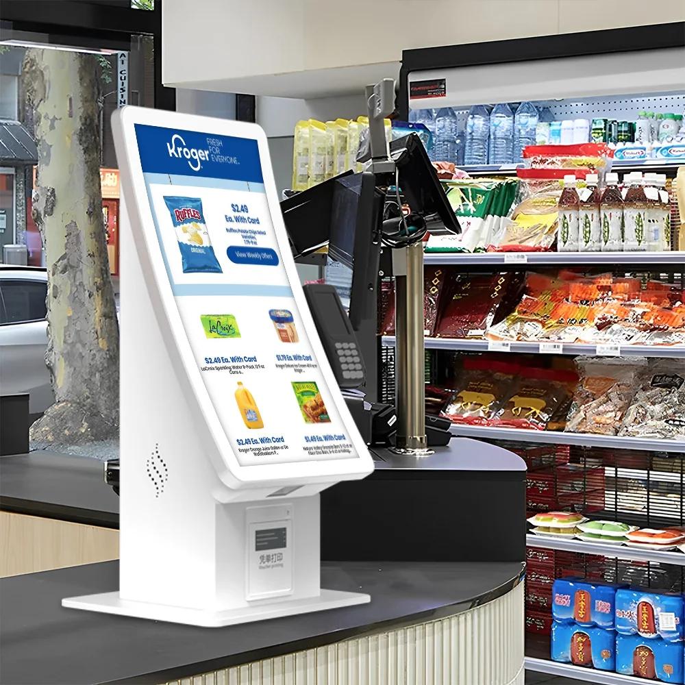 Usingwin self-checkout kiosk deployed in a modern retail store